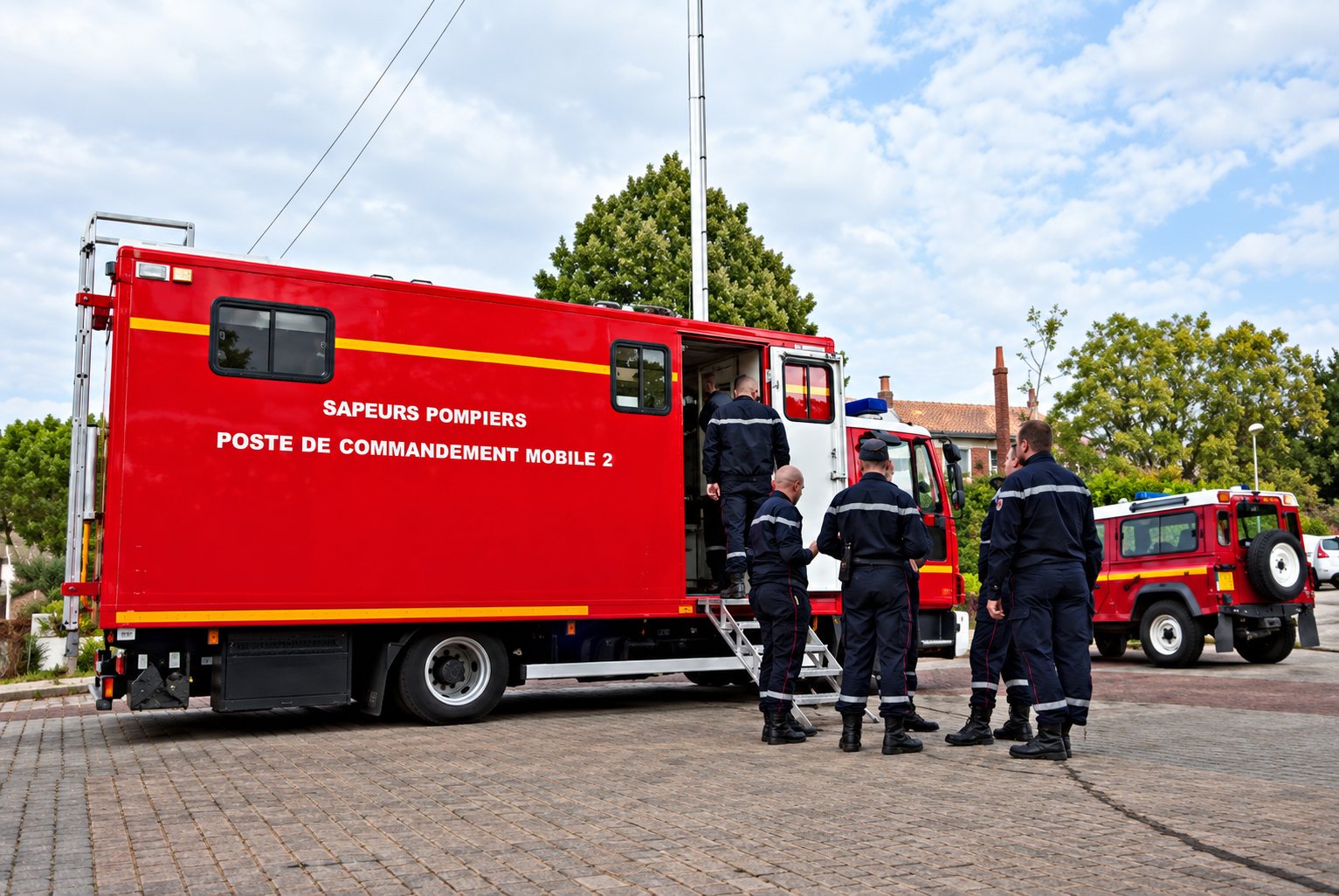 Camion rouge de poste de commandement et sapeurs-pompiers lors de l’exercice de crise