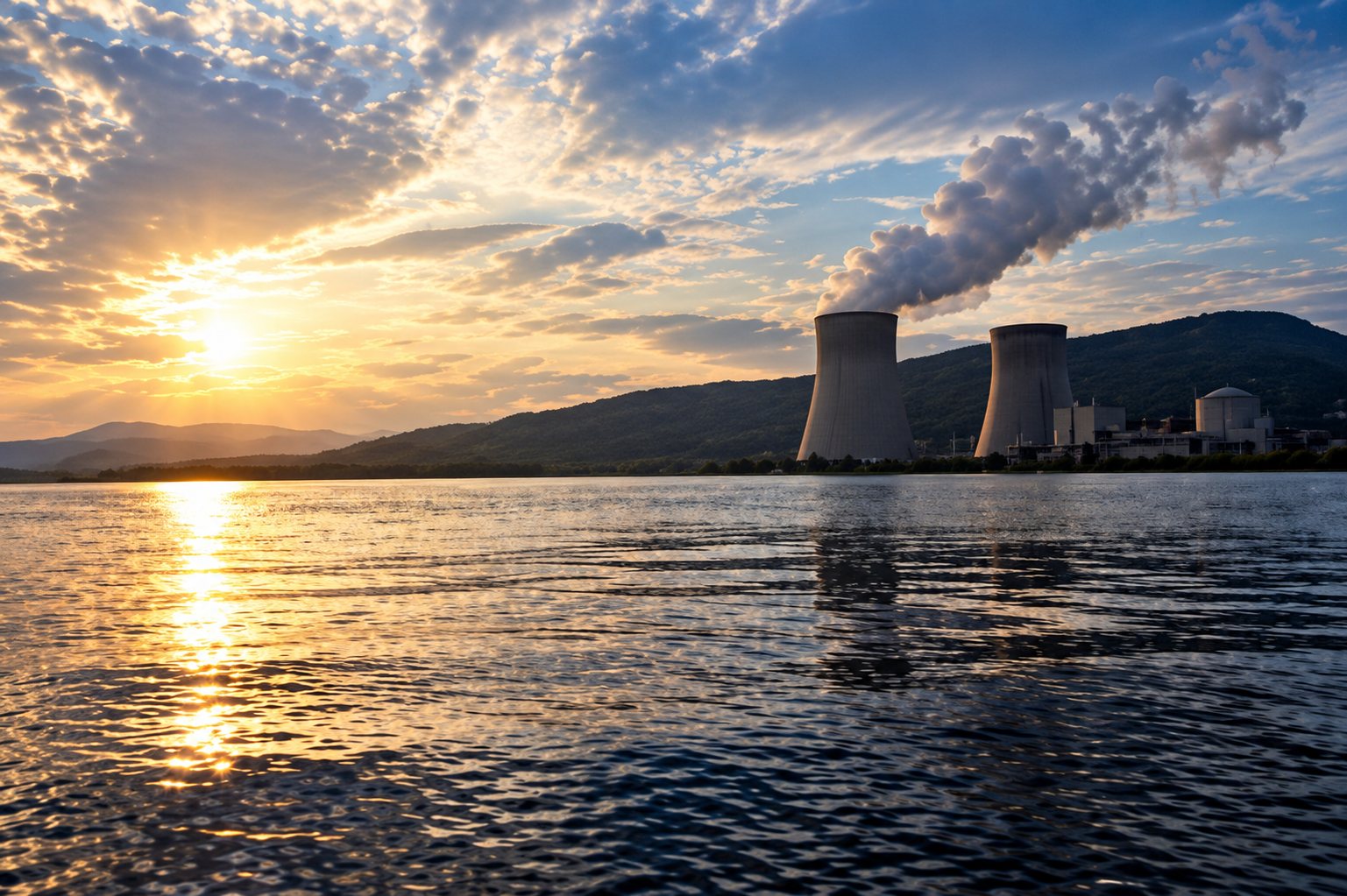 Centrale nucléaire de Cruas-Meysse au coucher du soleil, au bord de l’eau