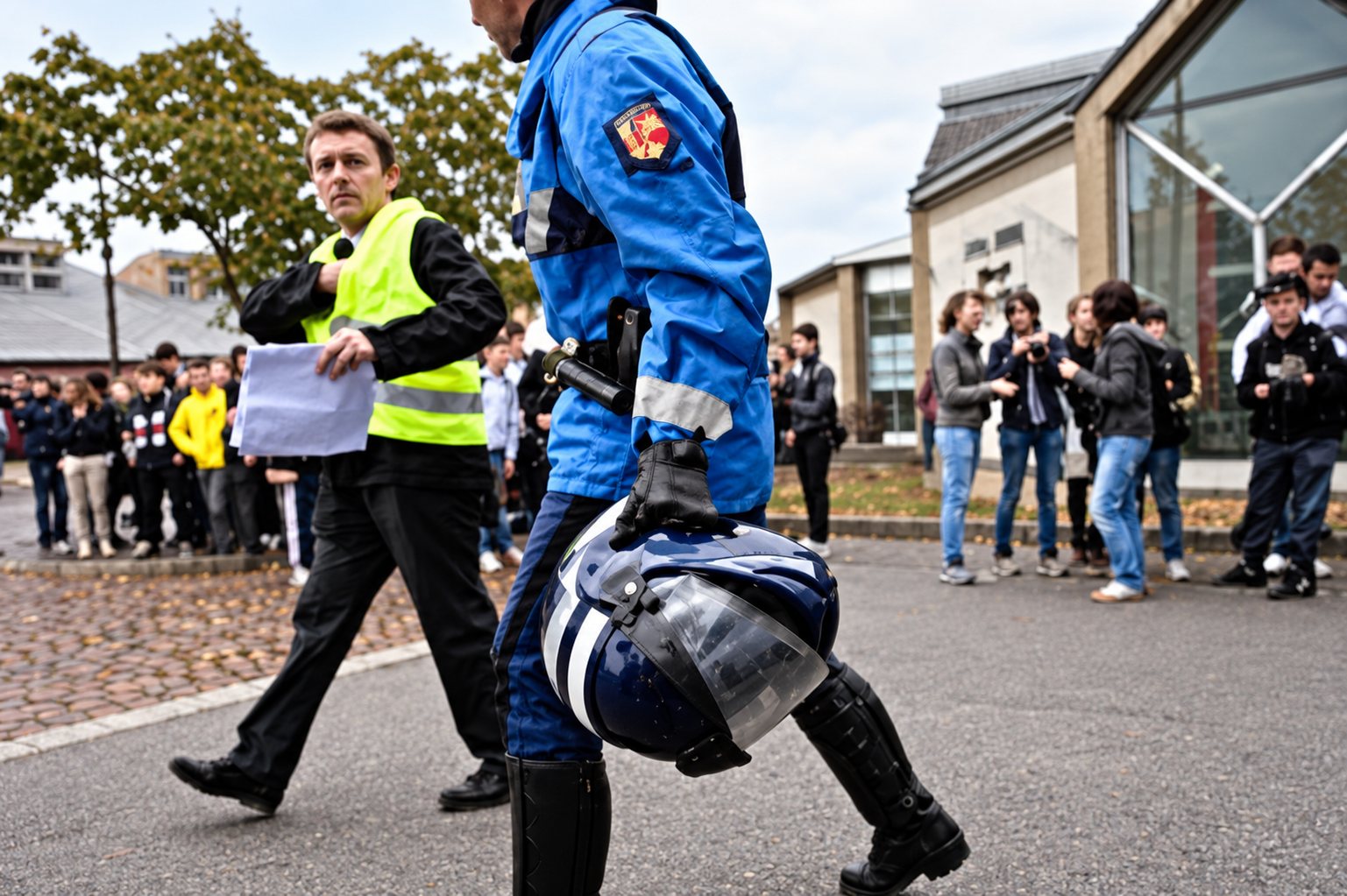 Sapeur-pompier en tenue bleue portant son casque, marchant devant un gilet jaune et la foule