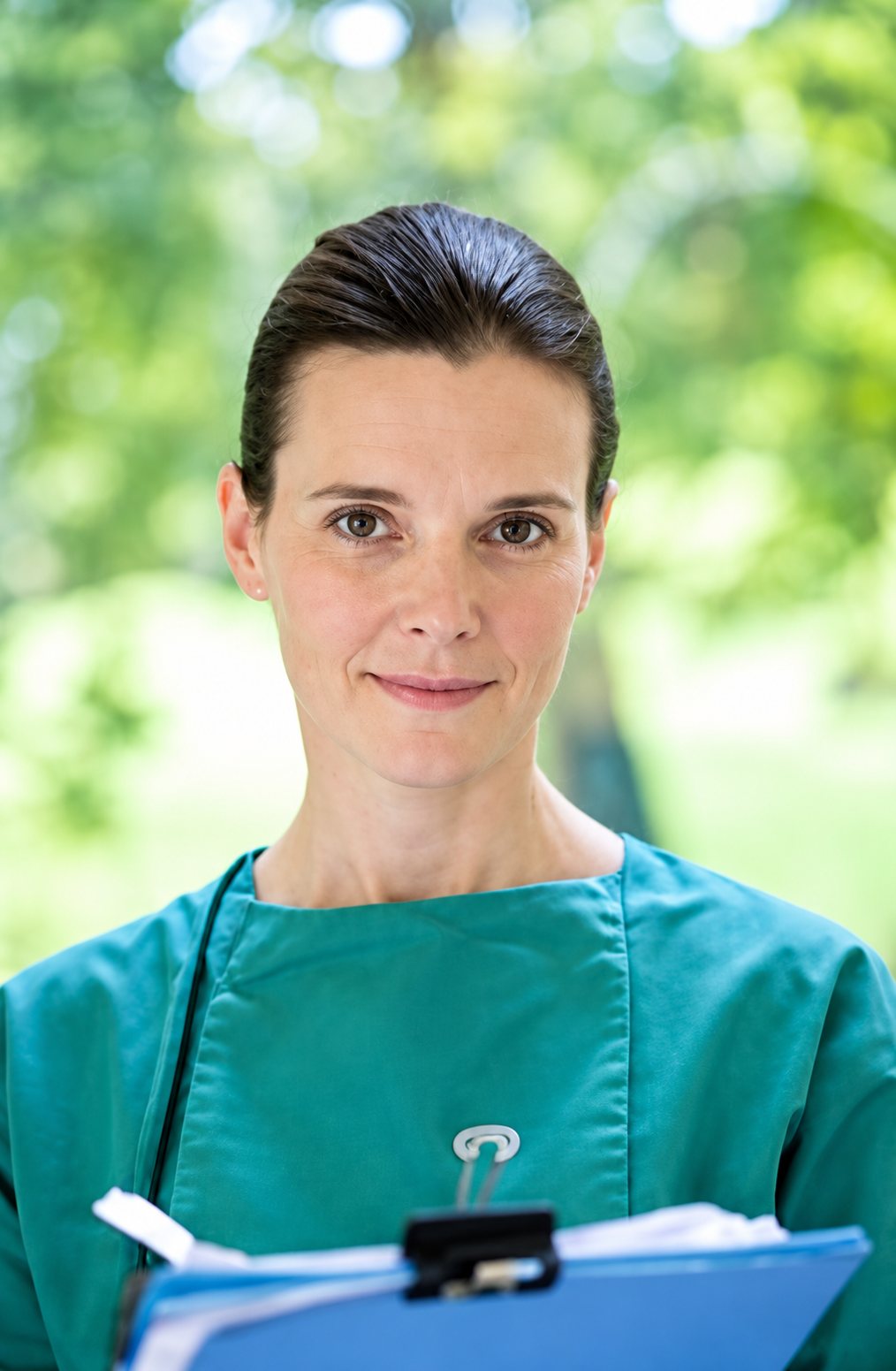 Femme en tenue médicale verte tenant un dossier, parc en arrière-plan